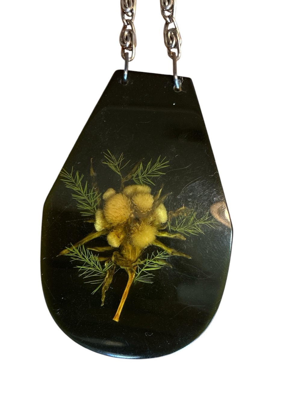 Black Resin Dried Yellow Botanicals Pendant Necklace ~ 26 Inches
